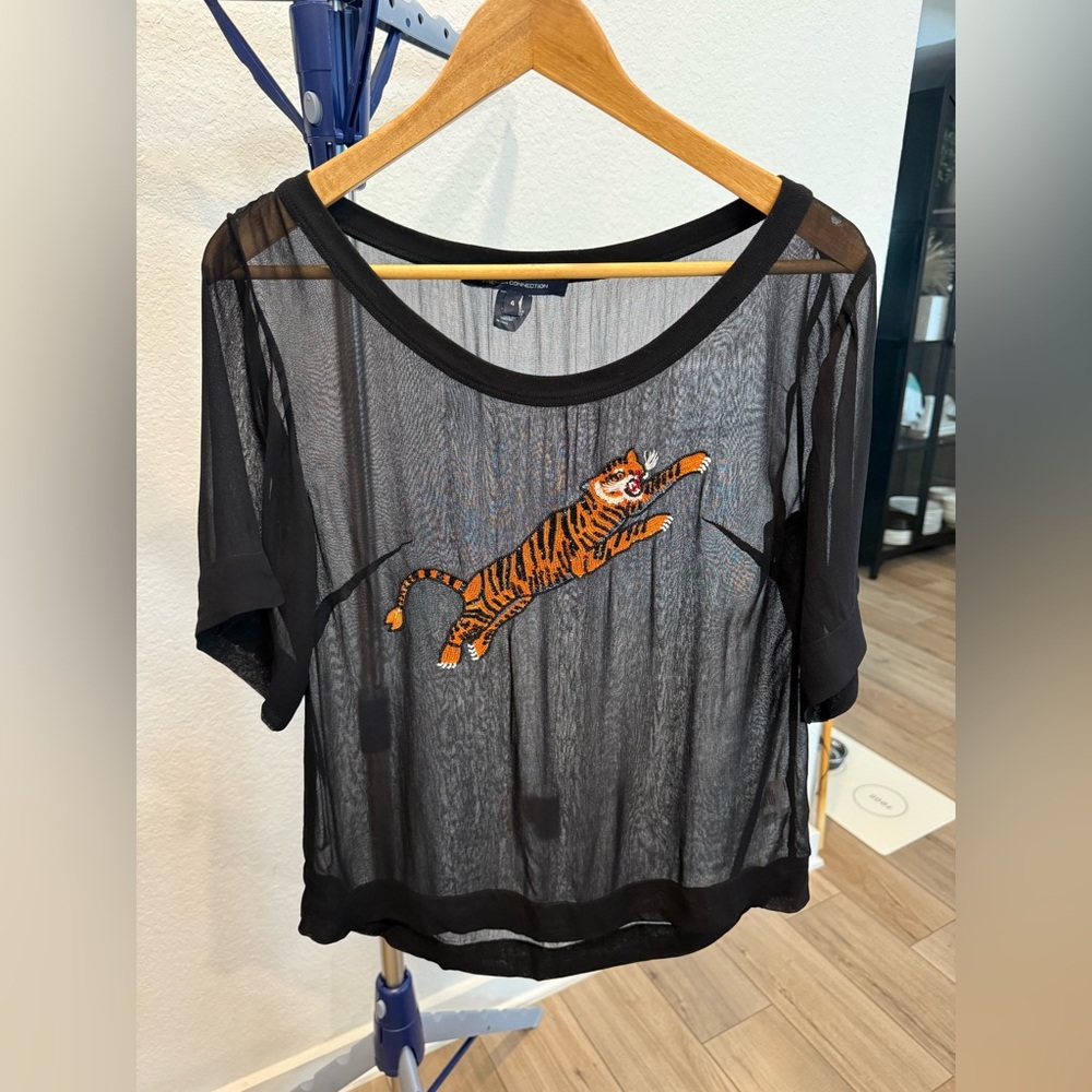 French Connection Black Sheer Tiger Top, Size Small